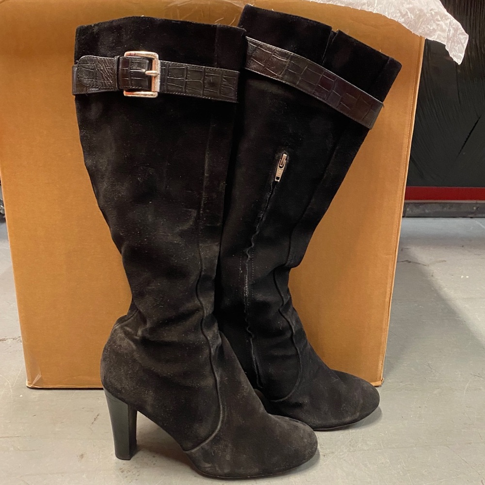 Michael Kors Black Suede Knee High Heeled Boots | Size 8